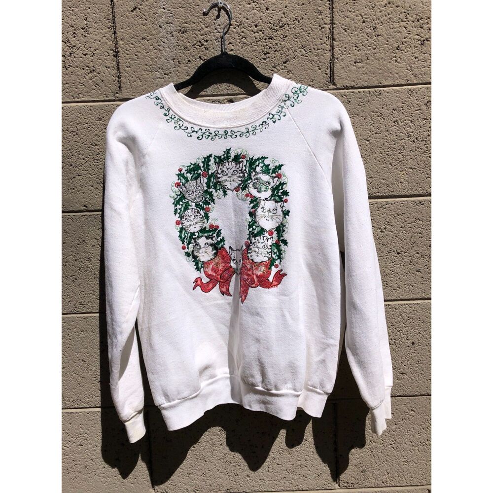 Vtg 80s Signed Spencer Hand Painted Christmas Cat Wreath Art Sweatshirt USA Sz L